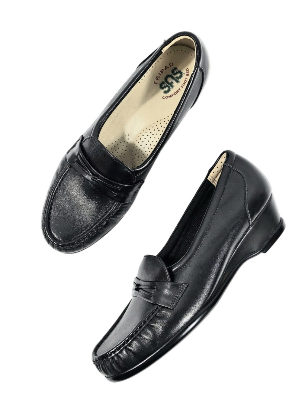 SAS Easier Black Leather Moc Toe Slip On Tripad Comfort Low Wedge Heel Loafer